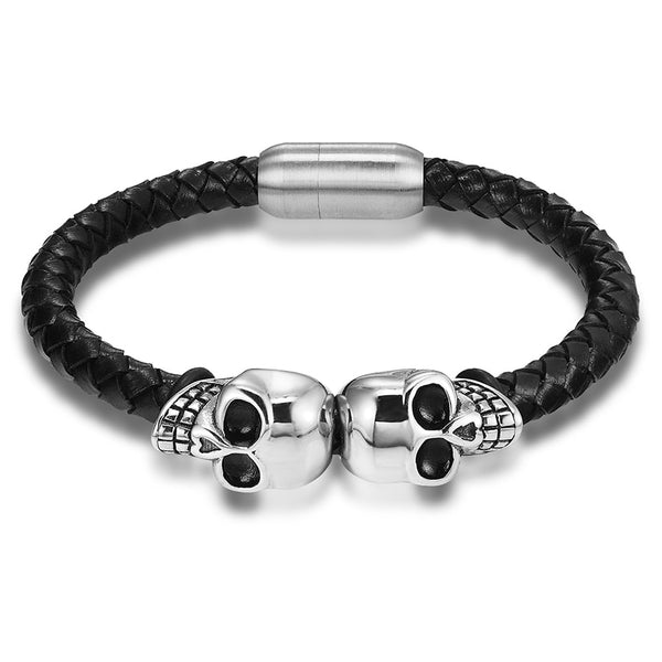 Twin Skull Leather Bracelet
